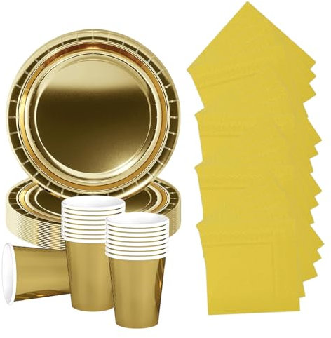 52P Metallic Gold Tableware Set for Her,Girl,Women,Gold-Foil Paper Plate Solid Color Golden Paper Cup and Napkins,Sparkling Foils Christmas Dinnerware Cutlery for Xmas,Birthday,Wedding Party Tableware