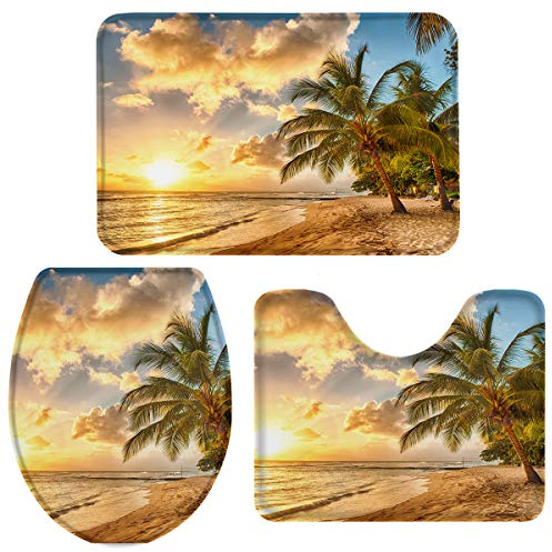 Badteppich Set 3-Teilig Dämmerung Strand Druck Badezimmer Vorleger 3-Teiliges Saugfähiges Badezimmer-Garnitur rutschfeste Badematte Für Wc-Deckelbezug Dusche Schlafzimmer