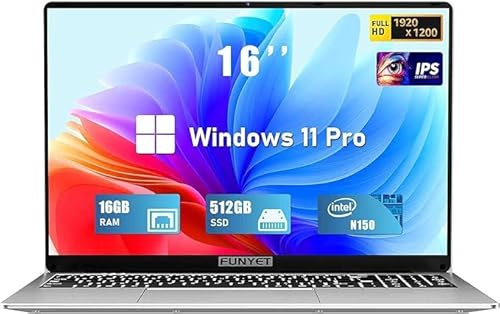 FUNYET Laptop Computer, 16 inch Gaming Laptop, Lap Top PC 2025, 16GB RAM 512GB SSD, Intel 13th Gen N150 Processor(up to 3.6GHz), Backlit Keyboard, FHD 1920 * 1200, for Students and Business, WiFi 5