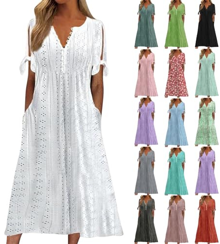 Summer Dresses for Women UK 2026 Causal V-Neck Button Short Sleeve Vacation Floral Fashion Elegant Beach Boho Printing Dress with Pockets Ladies Maxi Holiday Party Club Dresses Plus Size Clothing