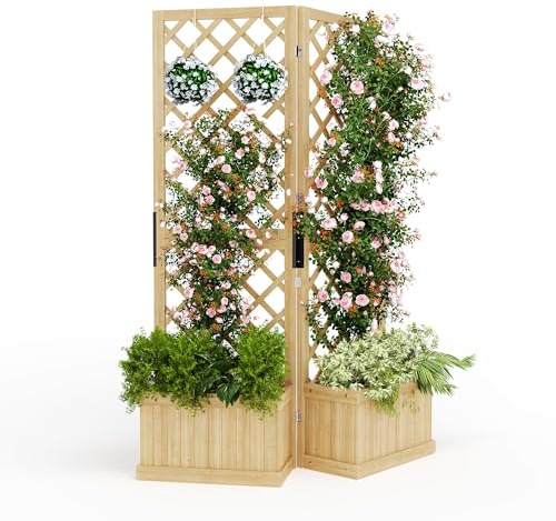 Acekool Blumenkasten mit Rankgitter aus Holz 41x10x65—2-teilig, bemalt, als dekorativer Sichtschutz für Garten, Terrasse & Balkon, wetterfest & einfache Montage