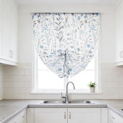 DALINA Cortinas Cocina para Ventana y Puerta con Cordón Central, Bando de Visillo Ajustable, Translúcidas y Decorativas para Cocina y Estudio, 90 x 140 cm, Estampado Floral Azul, 1 Pieza