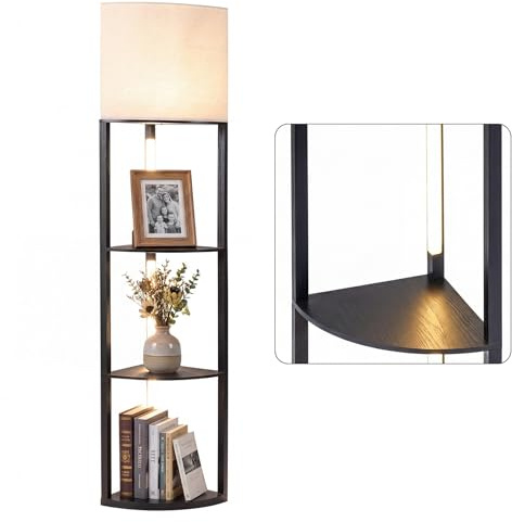 COSTWAY Lamdaire Angle avec 3 Étagères, Lampe sur Pied Salon, Luminosité Réglable, Poteaux de Lampe Pivotants, Abat-Jour en Lin, Interrupteur au Pied, Lampadaire pour Salon Chambre (Noir,Modèle 10)
