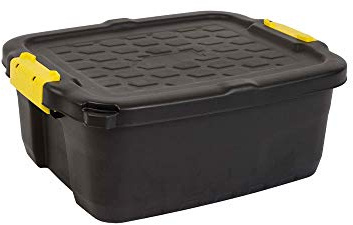 Heavy Duty Plastic Storage Boxes with Locking Lid, Black, 24L, 42L or 60L, Water Resistant, Indoor Storage (24 litre)