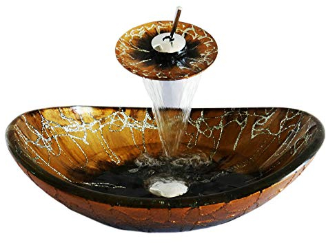 HomeLava Set aus Waschbecken aus Gehärtetes Glas mit Wasserfall-Wasserhahn
