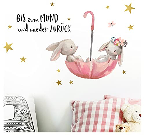Little Deco Wandtattoo Kinderzimmer Mädchen Spruch Bis zum Mond Hasen im Regenschirm Wandaufkleber Kinderbilder Deko Wandsticker Babyzimmer Aufkleber Baby DL213-01