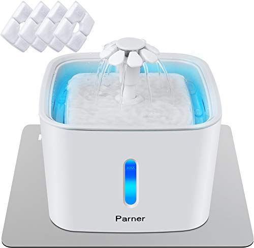 Parner Katzen Trinkbrunnen Wasserspender mit Wasserstand Fenster, Katzen-Blumen-Art-Wasserschüssel mit 4 Stück Hygienefilter & 1 Silikonmatte, Trinkbrunnen für Haustiere mit LED-Licht
