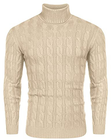 Coofandy Mens Jumpers Turtleneck Slim Fit Twisted Knitted Pullover Jumpers, Light Khaki, L