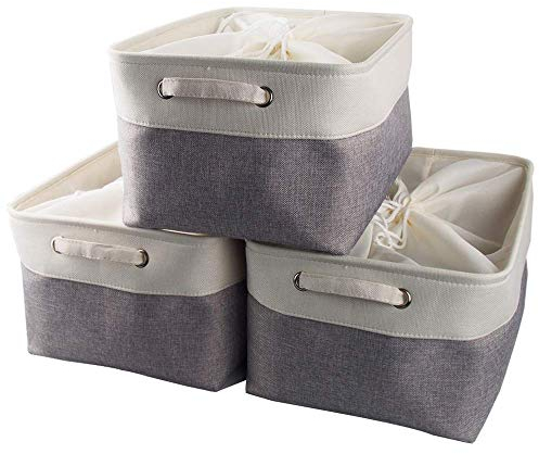 Mangata Jumbo Canvas Storage Box 3 Pack, Fabric Storage Basket with Handles & drawstring for Cupboards, Shelves, Clothes, Toys (Extra Large, Foldable, Grey White)