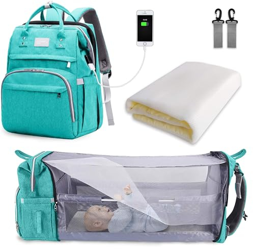 SNDMOR Wickeltasche Rucksack, wickelrucksack mit bettfunktion Großer, Multifunktionale Diaper Bag Mit Wickelunterlage, Kinderwagen-Haken, Geeignet für Mama und Papa (Mintgrün)