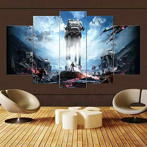 GSDFSD Bilder Wandbild 200x100cm Leinwandbild Star Wars at at Schlacht 5 Stücke Leinwand Wohnzimmer Dekoration Wandkunst Malerei Tapeten Poster