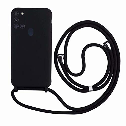 2ndSpring Handykette Schutzhülle kompatibel mit Samsung Galaxy A21S Handyhülle mit Band,Halsband Lanyard Silikonhülle,Soft Silikon Schwarz