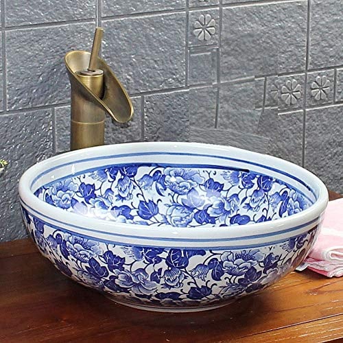 Leaf Flower Floral Painted Pattern Bathroom Ceramic Counter Top Wash Basin Sink Blue and White Porcelain Washing Round Bowl Vintage Antique Chinese Kasbah Moroccan Hand Craft Handmade