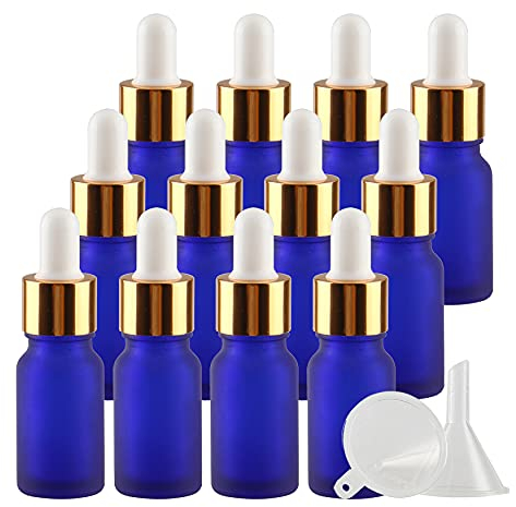 TIANZD 24 Pezzi 10 ml Bottiglie Contagocce in Vetro Blu Opaco con Pipetta Tappo a Vite Oro per Oli Essenziali, Contenitori di Aromaterapia, Cosmetici
