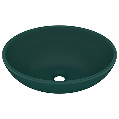 Tidyard Lavabo de Lujo Ovalado Cerámica Lavabo de Baño Lavabo sobre Encimera Lavabo Moderno Forma Ovalada Fácil de Limpiar Verde Oscuro Mate 40x33 cm