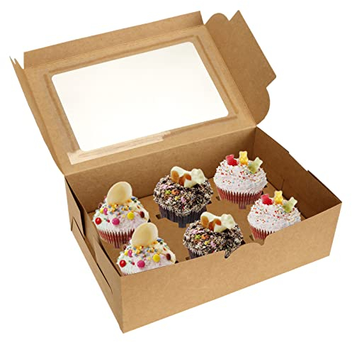 Jucoan 50 Stück Cupcake-Box aus Kraftpapier mit Einsatz und Fenster für 6 Standard-Cupcakes, lebensmittelechte Cupcake-Behälter, braune Bäckerei-Box für Gebäck, Kekse, kleine Kuchen, Desserts
