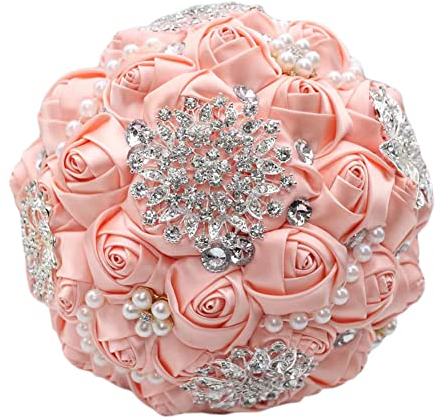 Sharebeauty 20 cm handgefertigter Satin-Rosen-Brautstrauß, rund, Hochzeitsstrauß, Überwurf, künstlicher Blumenstrauß, helle Koralle