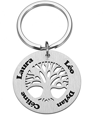 Porte-clés Arbre De Vie Acier Gravure Personnalisée 4 Prénoms