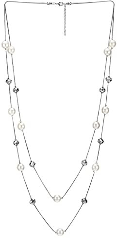 COOLSTEELANDBEYOND Argento Bianco Statement Dichiarazione Collana Due Filo Lunga Catena con Argento Cristallo Perline Charms Pendente