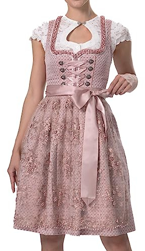 Dirndlparty Dirndl Rosa Midi 60cm Knielang Dirndlkleider für Damen 2tlg. | Dirndl mit Perlen Strass Spitzeschürze,Glitzer Oktoberfest Trachtenkleid mit Seitentaschen und Reißverschluss