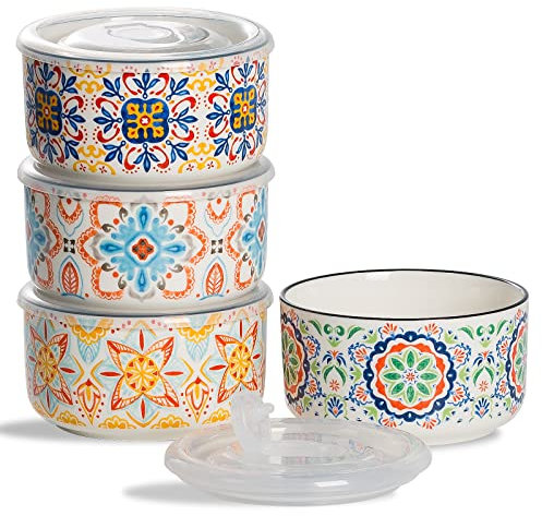 Chubacoo Ceramic Bowl with Lid: Microwave Safe Soup Containers Set of 4 for Meal Prep, Cereal, Salad, Picnic, Camping, Office Lunch, Kitchen Food Storage - 5 Inch, 20 oz, Design B