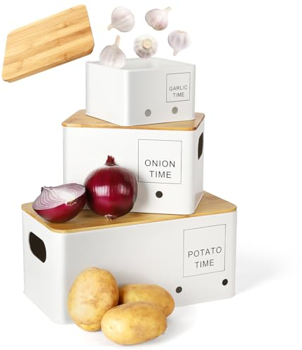 Lannvan Kartoffel Aufbewahrungsbox [3er Set] - Kartoffeln, Zwiebeln und Knoblauch Aufbewahrung mit Lüftungslöchern - Hält Gemüse Länger Frisch - Kartoffeltopf Zwiebeltopf und Knoblauchtopf - Weiß