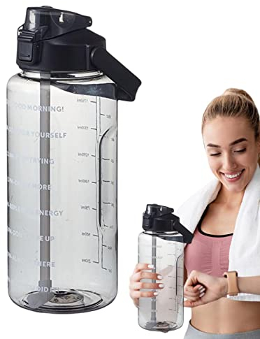 2L Agua Deportiva, 2 litros Botella Agua Motivacional Gimnasio con Pajita y Marcador Tiempo, GranJarra Agua Deportiva, para fitness, gimnasio, yoga, senderismo