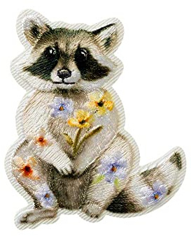 Mono-Quick 1215x Tiere mit Blumen, Applikation, Schimmer Bügelbild, Faultier, Panda, Eichhörnchen, Hirsch oder Waschbär Patch (12159 - Waschbär)