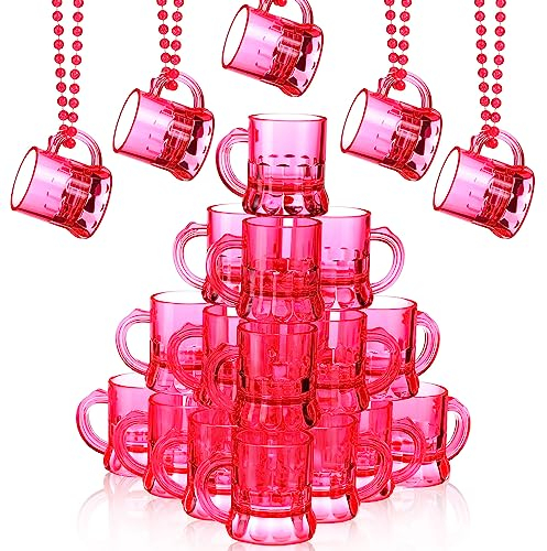 Tanlade 20 Pieces Shot Glass Necklaces 1 oz Mini Plastic Beer Mugs Reusable Plastic Shot Cups with Handle and Beaded Necklace for Birthday Tasting Drinking Barbecue Wedding Carnival Parties, Rose Red