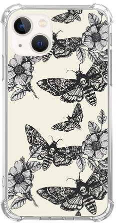 Yawheg Motte Tod Schädel Blumen Handyhülle Kompatibel mit iPhone 13, Motte Insekt Muster Gothic Cover für Teenager Frauen Männer, Slim Soft Flexible TPU Gummi Hülle für iPhone 13