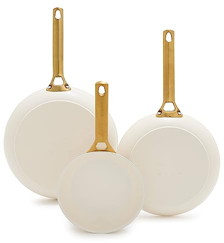 Greenpan Reserve - Juego de 3 sartenes antiadherentes de cerámica anodizada dura de 8, 10 y 12 pulgadas, mango dorado, sin PFAS, apto para lavavajillas, horno, blanco crema