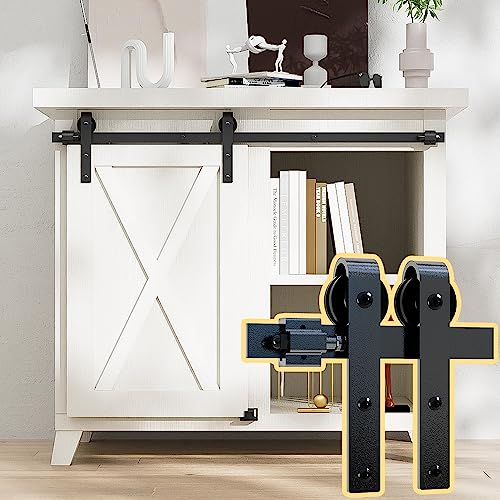 AONAYIOA Super Mini Scheunentor-Hardware-Set, Schiebetür-Schienenrollen-Set für Schränke, Kleiderschrank, TV-Ständer, J-Form (ohne Schrank)