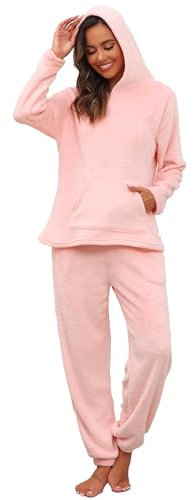 Vlazom Pyjama Polaire Femme Manches Longues Ensemble Flanelle Chaud Hiver, XL, A-Rose