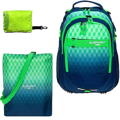 Elephant Schulrucksack Jungen Mädchen ab 3. Klasse Schule Tasche Brustgurt Schultasche Rucksack mit Sportbeutel Attach Bag und Regenhülle Premium 3 Teile Set Auswahl rtp (Cube Green 12810)
