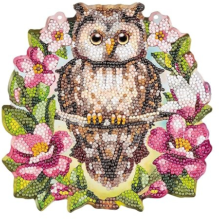 Ideen mit Herz Diamond-Painting-Fensterbild | doppelseitiger Druck | ca. 20 cm Ø | inkl. Diamond-Painting-Steine für Vorder- und Rückseite (Eule im Blütenkranz)