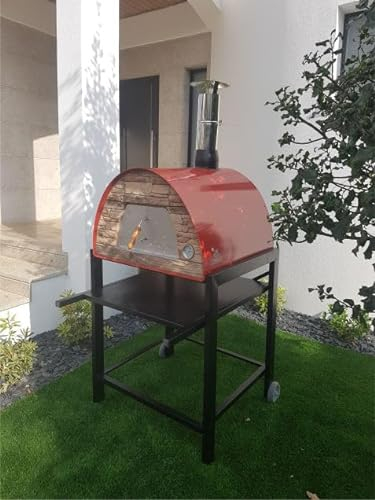 MAXIMUS Four à Bois Arena Rouge avec Chariot Welt Noir - Four à Pizza Idéal pour Cuisson au Feu de Bois - Portable et Extérieur