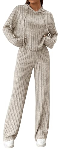 GORGLITTER Hose Und Pullover Set Damen Strick Set Zweiteiler Outfit Langarm Hoodie Und Hose Set Jogginganzug Freizeitanzug Aprikosenfarben L