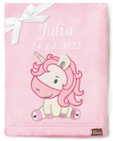 Be Mammy Personalisierte Babydecke mit 3D Applikation Warme Kuscheldecke mit Namen und Geburtsdatum; Perfektes Baby Geschenk; Blanket; Krabbeldecke BE20-280 (Puderrosa - Einhorn)