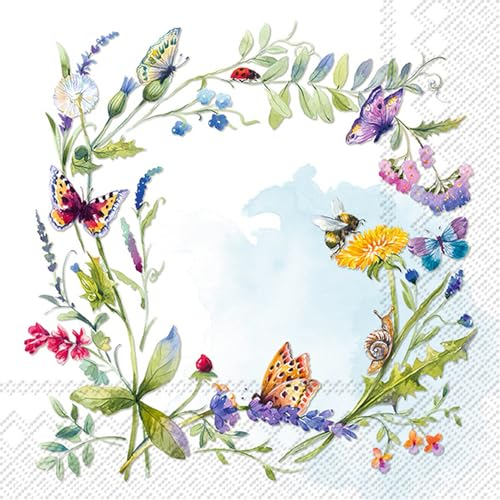 20 Servietten Frühling Wiesenblumen als Kranz als Tischdeko. Papierservietten mit Motiv. Auch für Decoupage und Serviettentechnik 33x33cm