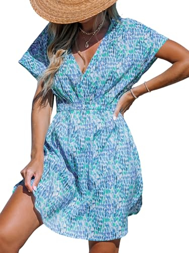 CUPSHE Damen Bikini Cover Up Strandkleid V Ausschnitt Kurzarm Elastikbund Seitenschlitz Freizeitkleider Sommer Beach Mini Dress Grüner Punkt L