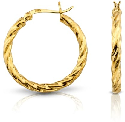 Cassini Gedrehte Damen Creolen 18K vergoldet (25 mm) – Hochglanzpolierte Ohrringe, hypoallergene Klappcreolen mit sicherem Klappverschluss, funkelnder Schmuck für Frauen 3CSD2