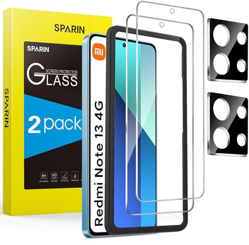 SPARIN 4 Pack Protector de Pantalla para Xiaomi Redmi Note 13 4G (NO para 5G), 2 Cristal Templado con 2 Protector de Lente de Cámara con Marco de Alineación