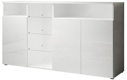 MB Muebles Bonitos, Buffet Clark L avec 3 Portes pour Salon et Salle à Manger avec Lumière LED, Meuble en Mélamine Brillante, Couleur Blanc, 150x82x40 cm