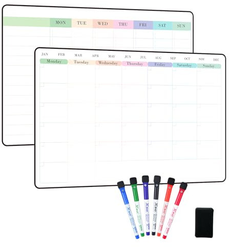 POPRUN A3 Chore Chart & Monthly Planner Whiteboard Calendar for Fridge, Wall and Glass, Perfect as Family Chores Chart, Cleaning Rota, Reminder and Memo Board, Dry wipeable, Monday to Sunday-2 Pack