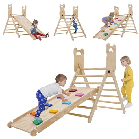 Arkyomi Kinder klettergerüst Indoor/Outdoor kletterdreieck mit rutsche，3in1 Kinder Holz Klettern Indoor Spielplatz ab 1 Jahr，Baby spielgeräte Klettergeräte