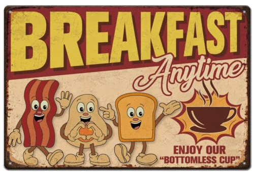 SUPERDANT Metall Blechschild Breakfast Anytime Lustiges Frühstück Kaffee Diner Blechschilder Vintage Deko Metallposter Retro Deko Für Zuhause Küche Restaurants Cafés Bars Kneipen Männerhöhle Dekor