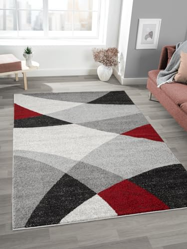 Mia's Teppiche Mosaix - Tappeto moderno a pelo corto, per soggiorno e camera da letto, con contorni, motivo geometrico, a quadretti, grigio, rosso, 120 x 160 cm