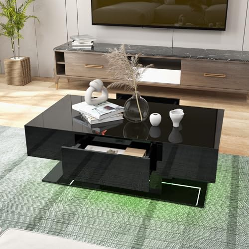 GOPLUS Couchtisch mit LED Beleuchtung, Wohnzimmertisch Hochglanz mit 2 Schubladen, Sofatisch mit 20 verstellbaren Lichtfarben & Einstellbarer Helligkeit, Kaffeetisch Modern für Wohnzimmer (Schwarz)