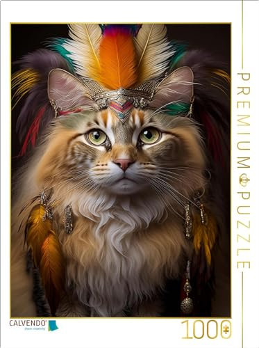 CALVENDO Puzzle Majestätische Herrscher Katze mit prachtvollen farbigen Inka Kopfschmuck | 1000 Teile Lege-Größe 48 x 64 cm Foto-Puzzle für glückliche Stunden