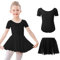 Kefiyis Ballettkleidung Mädchen Kurzarm Ballettkleid Baumwolle Balletttrikot Kinder Ballettanzug Ballettbody mit Chiffon Rock Tütü 3-11Jahre Schwarz 130